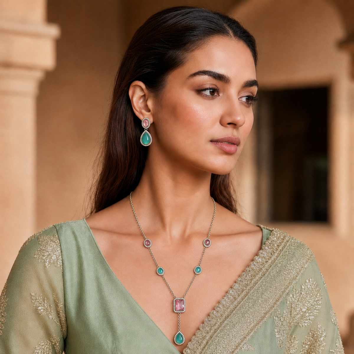Celestial Drop Necklace - Mint /Pink