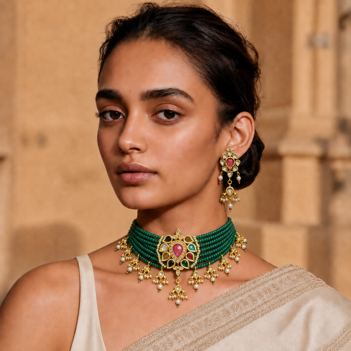 MEHER COLLECTION - NAVRATNA DROP EMERALD BEADS