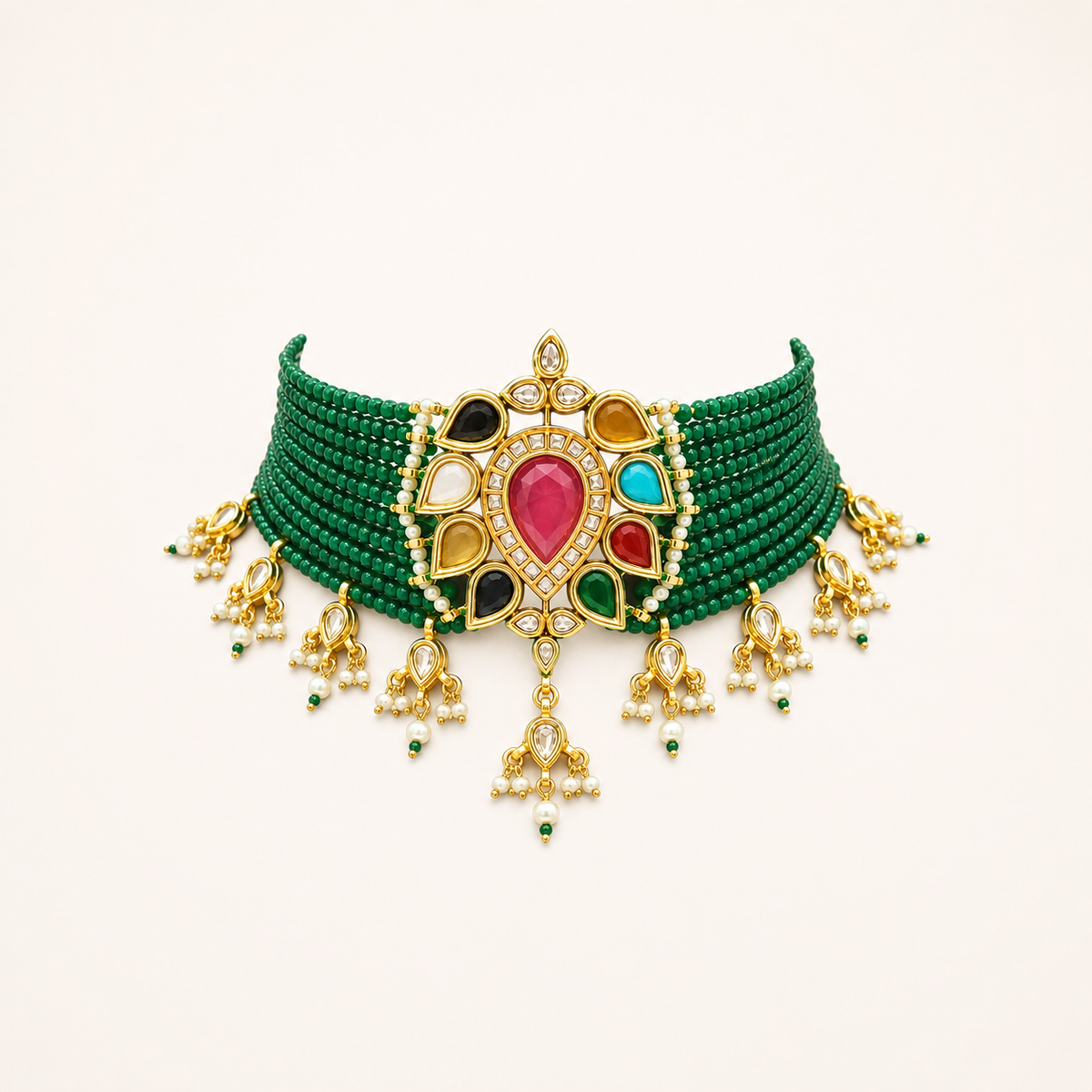 MEHER COLLECTION - NAVRATNA DROP EMERALD BEADS