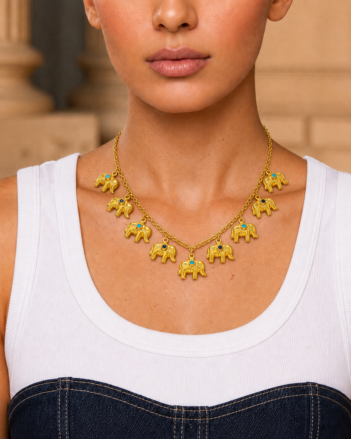 Elephant & Stone Chain Necklace