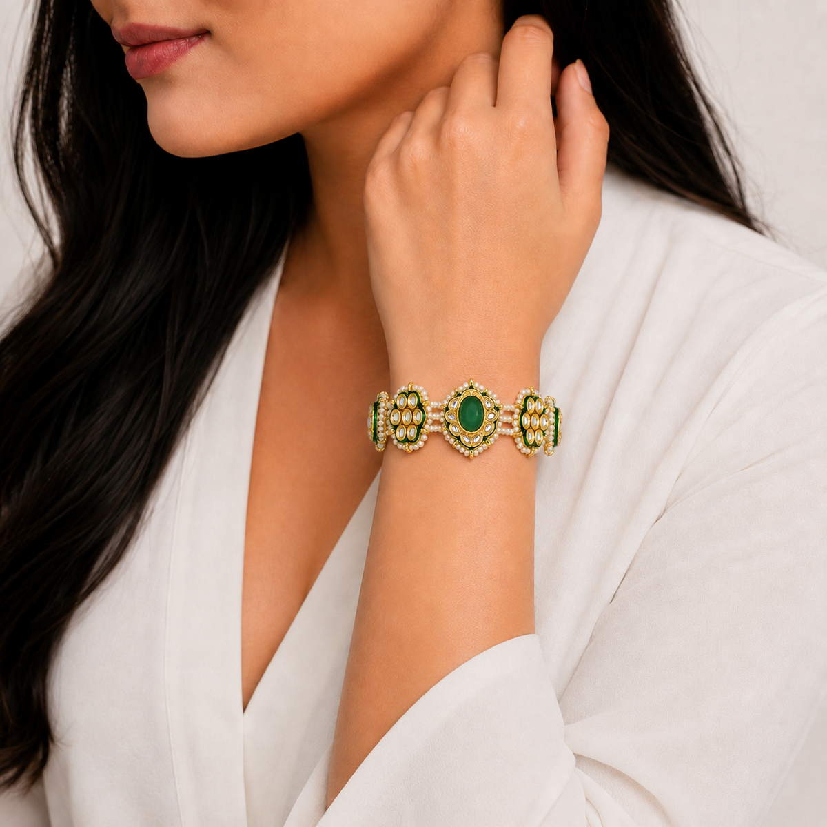 Gajra Bracelet - Mint Kundan Pearl Mesh