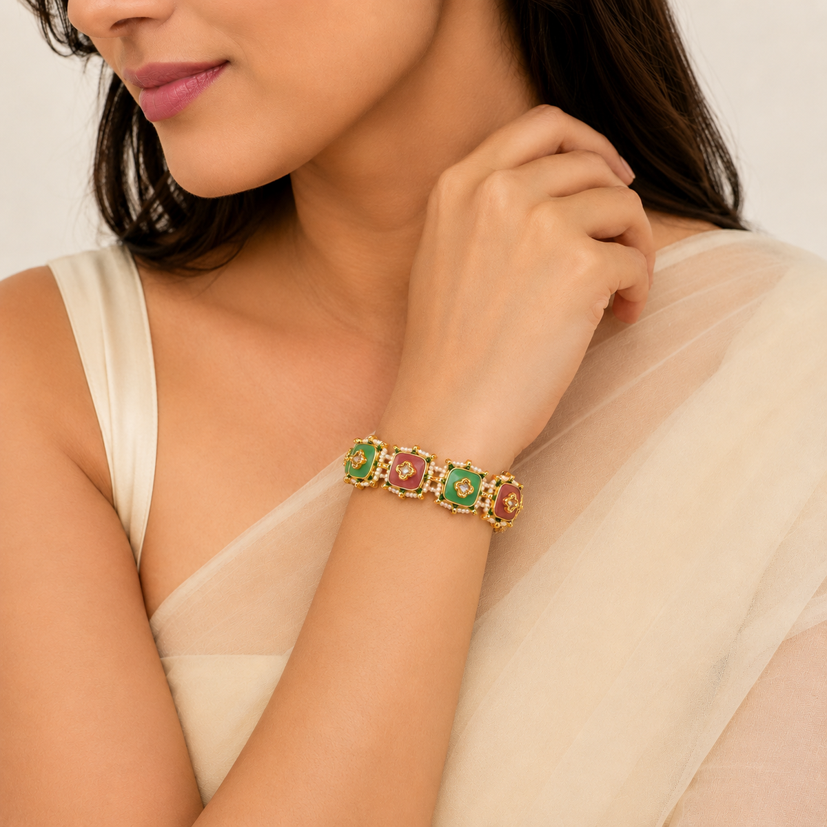 Gajra Bracelet - Mint / Pink  Pearl Mesh