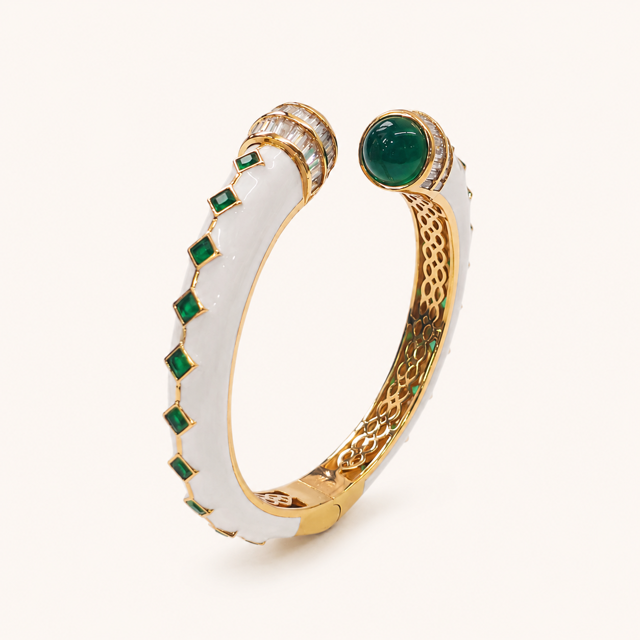 Ivory Lacquer Cuff - Emerald Stone