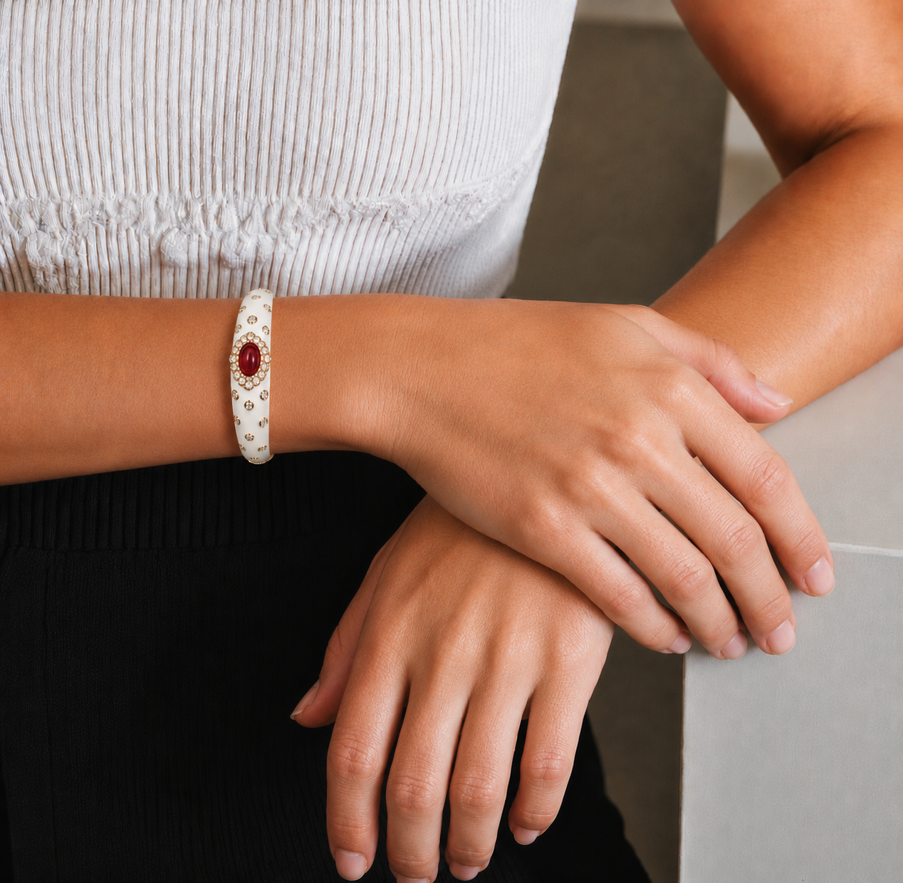 Ivory Lacquer Cuff - Ruby Stone