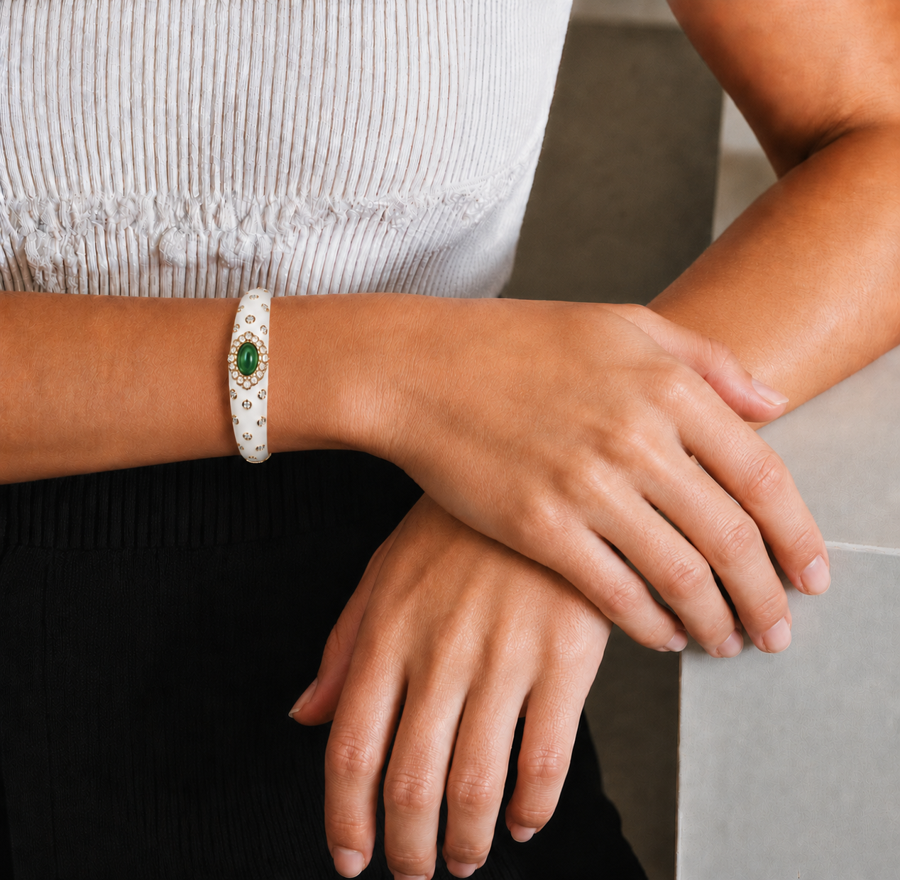 Ivory Lacquer Cuff - Emerald Stone