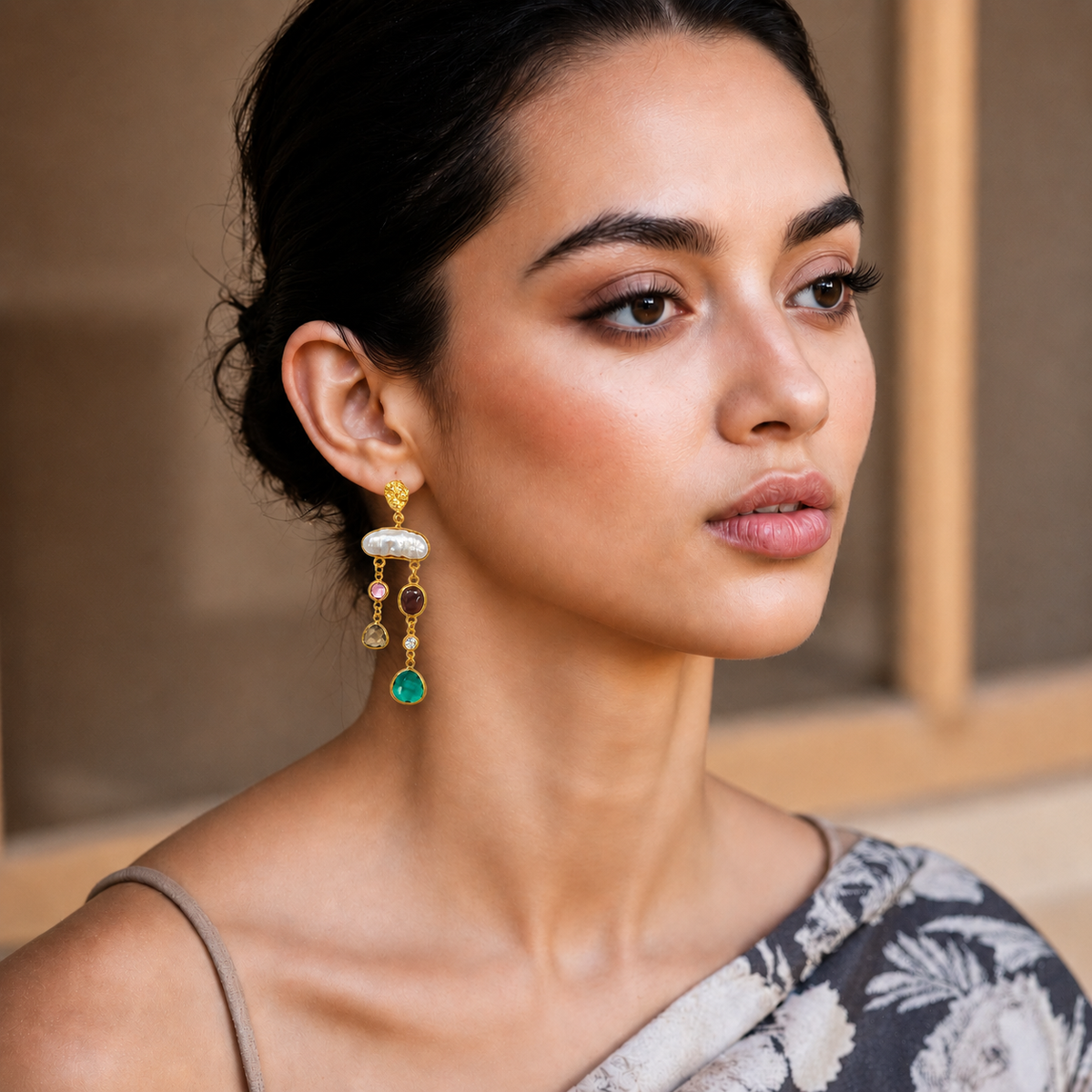 Pearl & Stone  Lariat Earrings - Green Drop