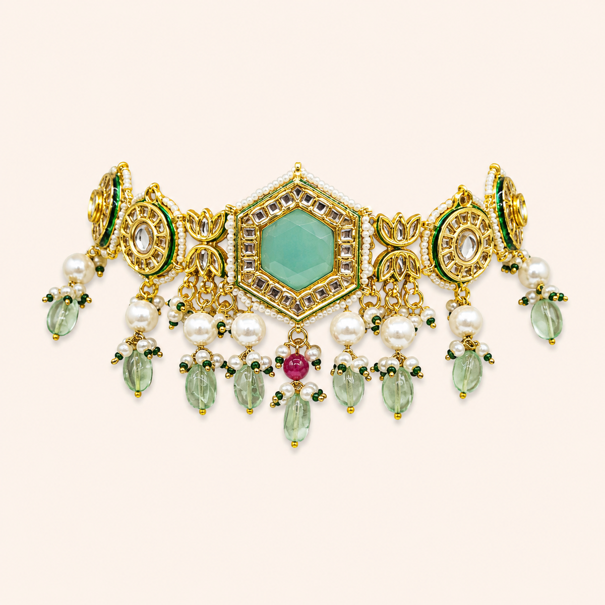 Meher Collection - Hexagon Mint / Ruby Choker Set