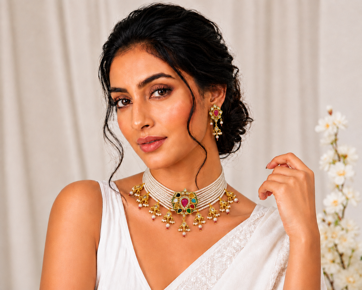 Meher Collection - Navaratna Drop Pearl Choker
