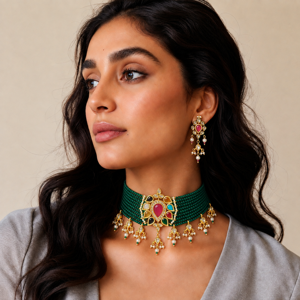 MEHER COLLECTION - NAVRATNA DROP EMERALD BEADS