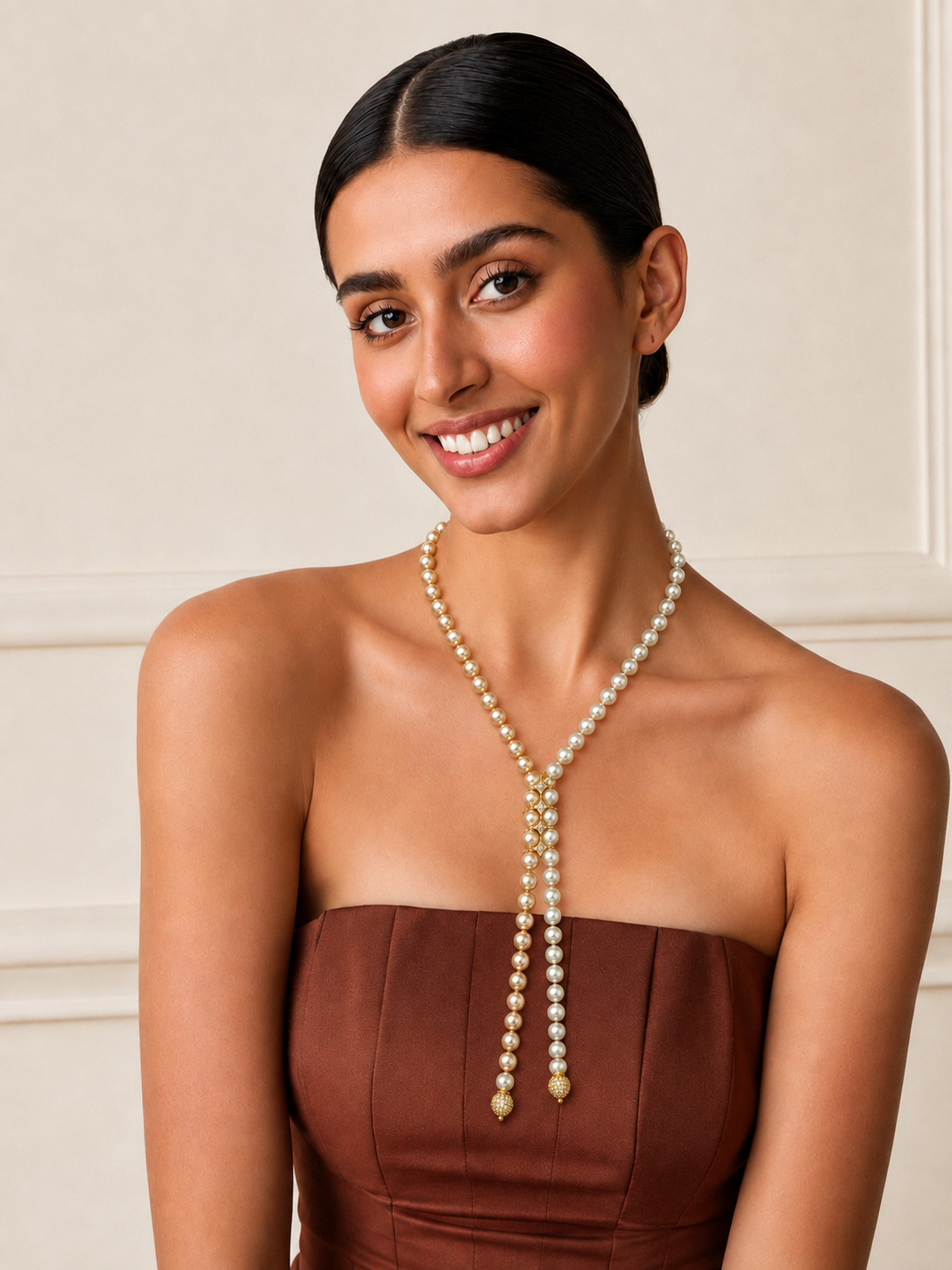 Dual Tone Lariat Necklace - Dull Gold & White